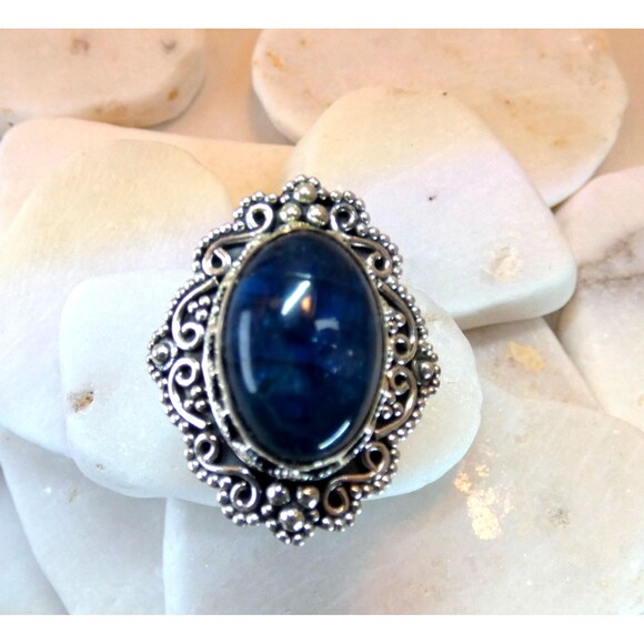 Deep Blue Natural Apatite Bali Style Sterling Silver Ring Size 8 - Picture 3 of 11